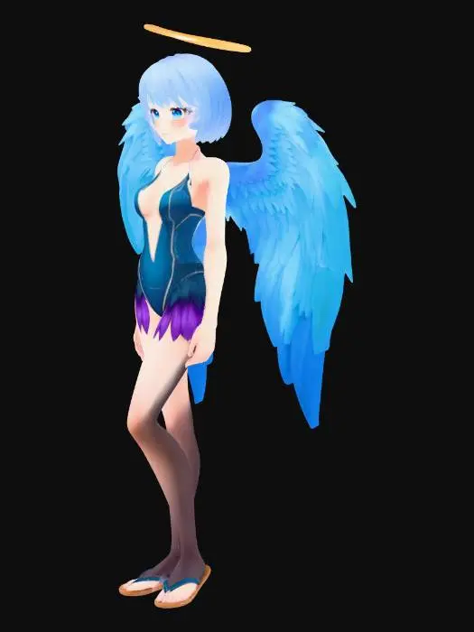3D model for A charming anime-style angel character model, featuring a slender build with light blue, chin-length hair and large, vibrant blue feathered wings that fan out gracefully. She wears a sleek, form-fitting bathing-suit in shades of dark blue and purple, with subtle sculpted line details. A radiant, polished golden halo, adorned with smaller stylized wings, floats above her head. The model exhibits smooth skin, soft feather textures on the wings, and a slight sheen on the bathing-suit, all illuminated by soft, even lighting. Sexy cutesy pose.