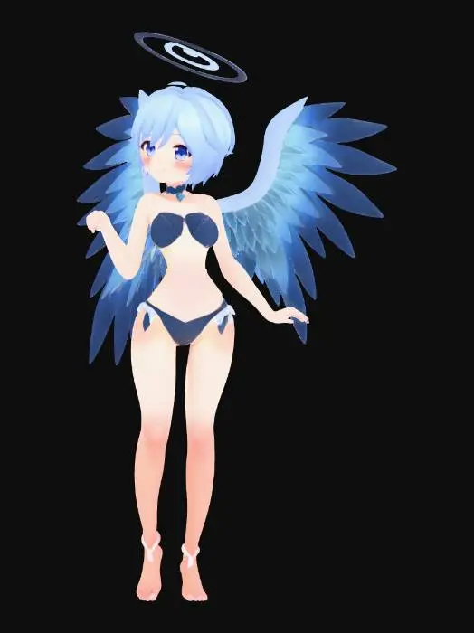 3D model for A charming anime-style angel character model, featuring a slender build with light blue, chin-length hair and large, vibrant blue feathered wings that fan out gracefully. She wears a sleek, form-fitting bathing-suit in shades of dark blue and purple, with subtle sculpted line details. A radiant, polished golden halo, adorned with smaller stylized wings, floats above her head. The model exhibits smooth skin, soft feather textures on the wings, and a slight sheen on the bathing-suit, all illuminated by soft, even lighting. Sexy cutesy pose.