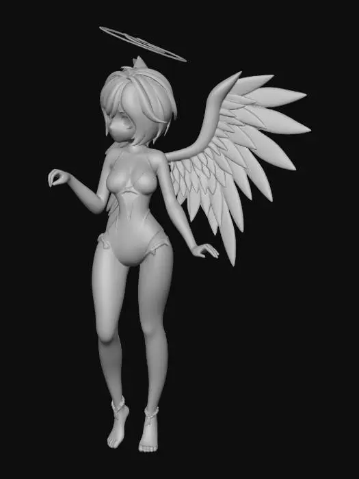 3D model for A charming anime-style angel character model, featuring a slender build with light blue, chin-length hair and large, vibrant blue feathered wings that fan out gracefully. She wears a sleek, form-fitting bathing-suit in shades of dark blue and purple, with subtle sculpted line details. A radiant, polished golden halo, adorned with smaller stylized wings, floats above her head. The model exhibits smooth skin, soft feather textures on the wings, and a slight sheen on the bathing-suit, all illuminated by soft, even lighting. Sexy cutesy pose.