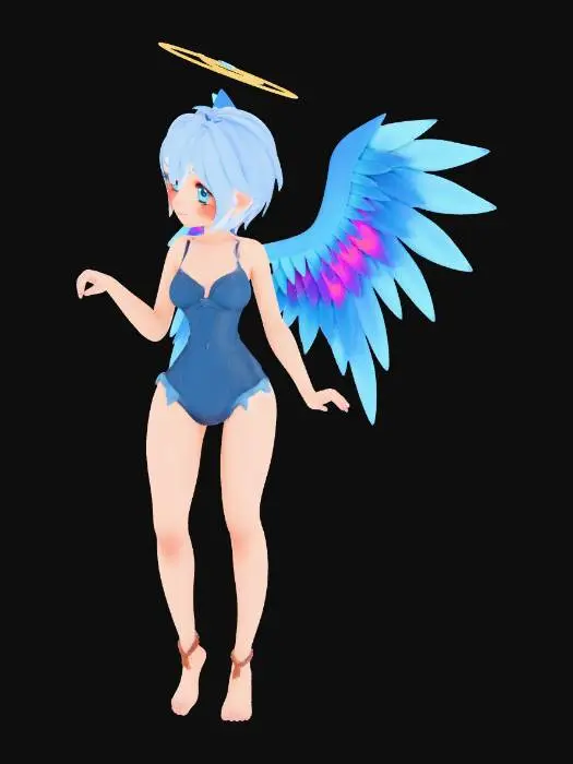 3D model for A charming anime-style angel character model, featuring a slender build with light blue, chin-length hair and large, vibrant blue feathered wings that fan out gracefully. She wears a sleek, form-fitting bathing-suit in shades of dark blue and purple, with subtle sculpted line details. A radiant, polished golden halo, adorned with smaller stylized wings, floats above her head. The model exhibits smooth skin, soft feather textures on the wings, and a slight sheen on the bathing-suit, all illuminated by soft, even lighting. Sexy cutesy pose.