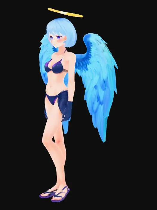 3D model for A charming anime-style angel character model, featuring a slender build with light blue, chin-length hair and large, vibrant blue feathered wings that fan out gracefully. She wears a sleek, form-fitting bathing-suit in shades of dark blue and purple, with subtle sculpted line details. A radiant, polished golden halo, adorned with smaller stylized wings, floats above her head. The model exhibits smooth skin, soft feather textures on the wings, and a slight sheen on the bathing-suit, all illuminated by soft, even lighting. Sexy cutesy pose.