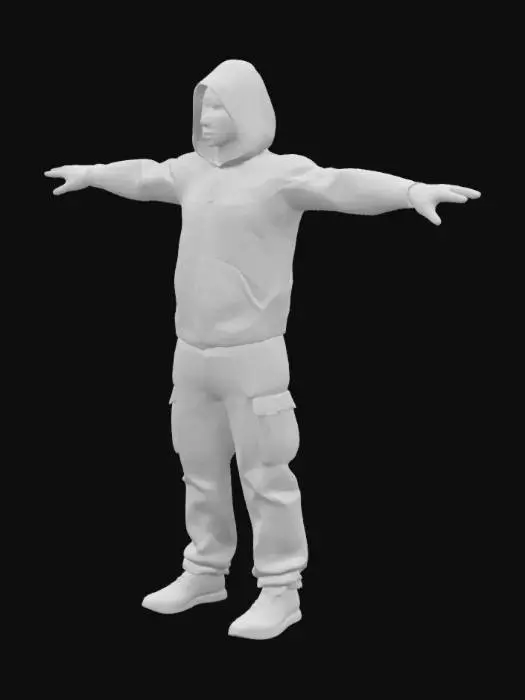 3D model for Before you stands a tall, slender yet well-built man, wrapped in a heavy burgundy zip-up hoodie with no pockets. His hood is now removed, revealing his face, which is concealed behind a pale, almost soulless mask. His white, pupil-less eyes add an eerie aura, enhancing the unsettling feeling he gives off. Black pants and dark footwear complete his look, allowing him to blend into the shadows. His posture is neutral yet imposing, and he stands frozen in a T-pose, as though waiting for something.