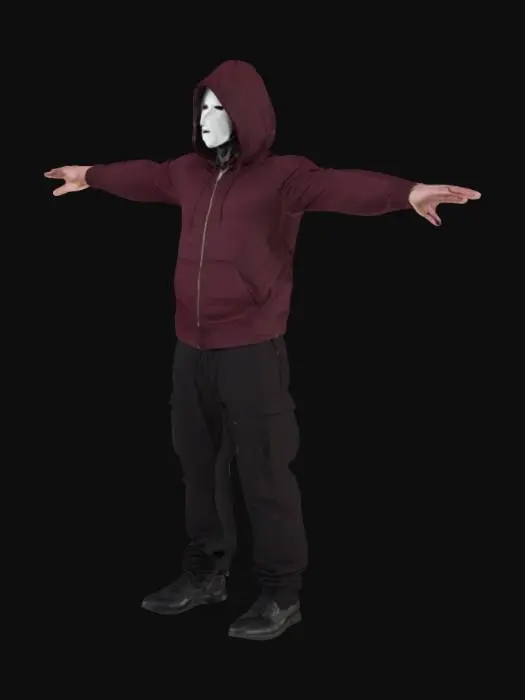 3D model for Before you stands a tall, slender yet well-built man, wrapped in a heavy burgundy zip-up hoodie with no pockets. His hood is now removed, revealing his face, which is concealed behind a pale, almost soulless mask. His white, pupil-less eyes add an eerie aura, enhancing the unsettling feeling he gives off. Black pants and dark footwear complete his look, allowing him to blend into the shadows. His posture is neutral yet imposing, and he stands frozen in a T-pose, as though waiting for something.