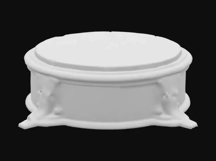 3D model for каменный невысокий постамент, с рунами по кругу на верху постамента, постамент выполнен из треснувшего булыжника выточенного в древние времена, оправа постамента из золота с золотыми подпорками, симетричная.