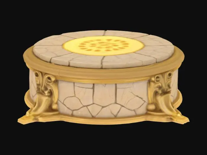 3D model for каменный невысокий постамент, с рунами по кругу на верху постамента, постамент выполнен из треснувшего булыжника выточенного в древние времена, оправа постамента из золота с золотыми подпорками, симетричная.