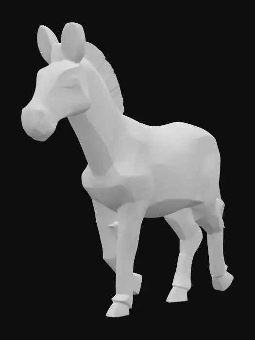 3D model for Create a stylized low poly 3D model of a zebra in a standing or walking pose. The model should have simplified geometry with clean polygonal shapes, suitable for use in a mobile or indie zoo simulator game. The zebra should have a slender body, short tail, and upright ears. Use flat colors: white base with bold black stripes. No fur detail or textures — just color blocks and low poly geometry. Keep the polygon count under 1500 triangles.