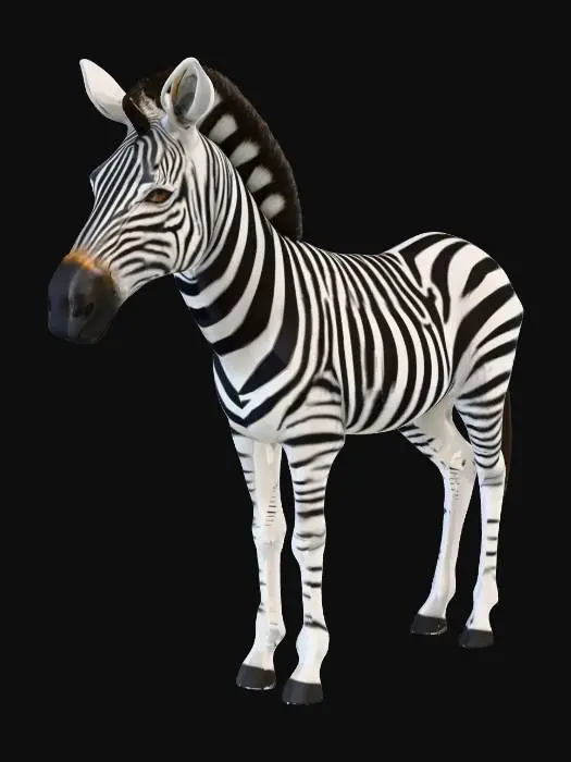 3D model for Create a stylized low poly 3D model of a zebra in a standing or walking pose. The model should have simplified geometry with clean polygonal shapes, suitable for use in a mobile or indie zoo simulator game. The zebra should have a slender body, short tail, and upright ears. Use flat colors: white base with bold black stripes. No fur detail or textures — just color blocks and low poly geometry. Keep the polygon count under 1500 triangles.