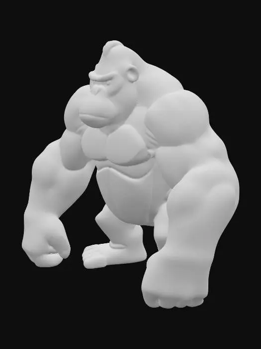 3D model for A stylized low poly gorilla model, presented in a robust standing or walking pose with a subtly hunched posture. Its form is defined by clean, simplified polygonal geometry, highlighting a broad chest and distinctly muscular arms. The surface lacks intricate fur details or textures, instead relying on flat color blocks: a dark gray or black for the main body, contrasted by lighter gray polygonal regions on its face and chest, conveying a distinct, blocky aesthetic.