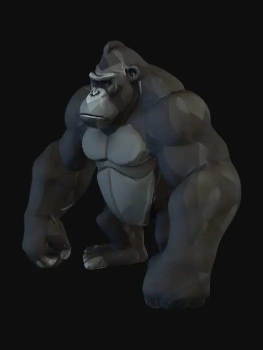 3D model for A stylized low poly gorilla model, presented in a robust standing or walking pose with a subtly hunched posture. Its form is defined by clean, simplified polygonal geometry, highlighting a broad chest and distinctly muscular arms. The surface lacks intricate fur details or textures, instead relying on flat color blocks: a dark gray or black for the main body, contrasted by lighter gray polygonal regions on its face and chest, conveying a distinct, blocky aesthetic.