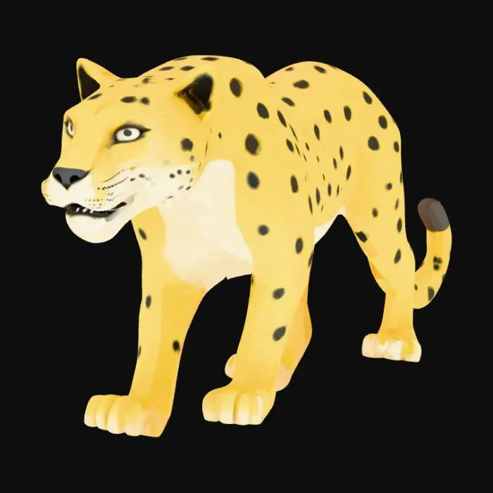 3D model for Create a stylized low poly 3D model of a jaguar in a standing pose. The model should have simplified geometry with clean edges and minimal detail, suitable for use in a mobile or indie zoo simulator game. The jaguar should have a muscular body, short tail, and rounded head. Use flat colors: golden-yellow base with black spots. No textures or fur detail — just polygonal shapes and color blocks. Keep the polygon count under 1500 triangles.