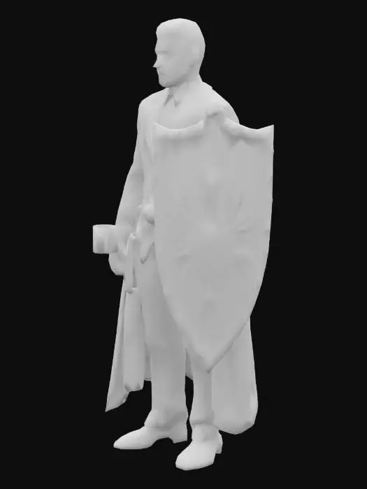 3D model for Paladin con un traje de abogado moderno. En la mano izquierda un escudo grande blanco con decoraciones doradas. En la mano derecha una taza de cafe q dice el mejor abogado del mundo. en el cinturon una espada bastarda q consiste solo del mango y de la guardia
