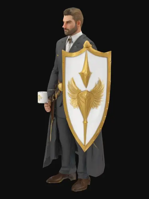 3D model for Paladin con un traje de abogado moderno. En la mano izquierda un escudo grande blanco con decoraciones doradas. En la mano derecha una taza de cafe q dice el mejor abogado del mundo. en el cinturon una espada bastarda q consiste solo del mango y de la guardia