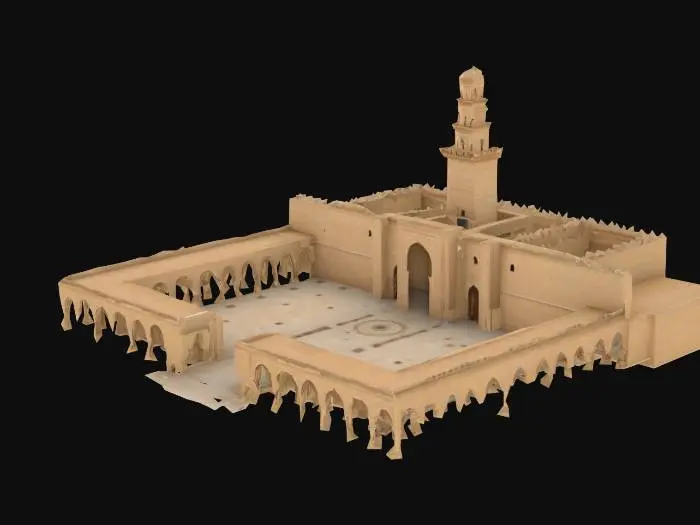 3D model for Realistic 3D model of the Kairouan Mosque in Tunisia, also known as the Great Mosque of Kairouan. Include the large rectangular courtyard, surrounding arched colonnades, and central minaret tower with its three-tiered structure. Emphasize the massive stone walls, symmetric arches, and overall rectangular layout. Ensure high detail in architectural features like doors, windows, domes, and pillars. Do not add fictional elements. Focus on historical accuracy and realistic proportions, replicating the actual scale and design. Avoid low-poly style. Prioritize realism and precision in layout and geometry., #AroundTheWorld#