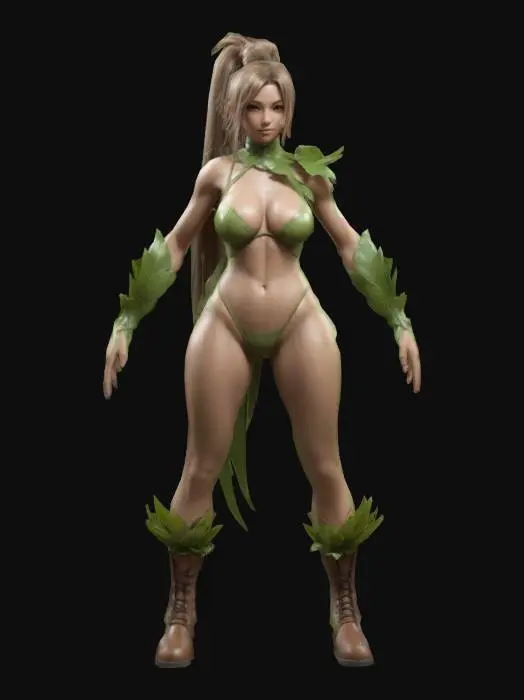 3D model for Humanoid female inspired by Tsareena pokemon in a natural A-pose. Athletic and curvaceous with oversized proportions, thick muscular thighs, wide hips, narrow waist. Elegant yet powerful stance. Long, leaf-like hair styled into a flowing ponytail, plant-inspired high boots fused with skin design, fantasy-themed outfit blending nature and royalty. Realistic anatomy, expressive face, stylized yet grounded in believable proportions and form