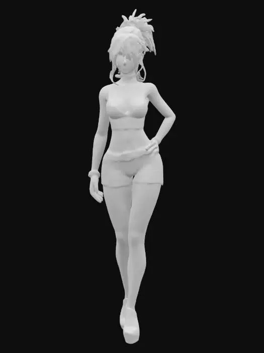 3D model for tylized female character in a natural A-pose with a tall, exaggerated curvy figure and long legs. Her outfit is inspired by nightlife fashion: tight low-rise mini denim shorts with a wide belt, paired with patterned fishnet stockings and high platform heels. She wears a cropped tank top in a modern streetwear cut, styled to fit snugly with layered textures. Hair is bright pink, styled in a voluminous high ponytail with soft waves. Accessories include hoop earrings, stacked bangles, and a thin choker. Her expression is confident and poised. The look blends clubwear with edgy glamour, focusing on bold silhouettes, clean stylization, and high realism in folds, seams, and reflective material surfaces.