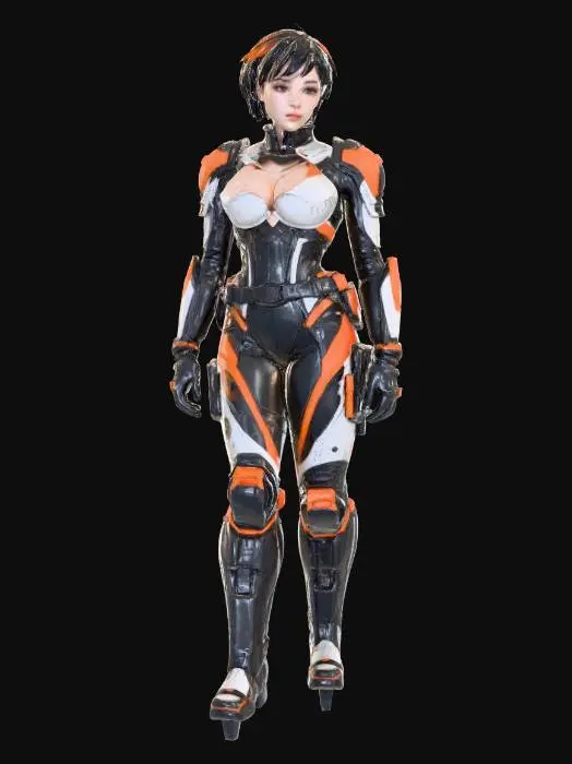3D model for A highly detailed tall curvy female motorcycle rider in a futuristic, cyberpunk-inspired outfit standing confidently facing the camera, arms relaxed apart at her sides, legs shoulder-width apart. Her proportions are extreme and editorial — massive, heavily oversized bust, a brutally cinched, corset-tight waist compressed to near-impossible narrowness; wide, commanding hips; and thick, powerful thighs built for dominance and visual overload. She has short, sleek black hair with orange hair clips, and a confident, slightly mysterious expression. She is dressed in a form-fitting, armored racing suit predominantly black with vibrant orange and white accents, with a deep neckline, featuring intricate details and high-tech textures. The suit includes protective padding on the shoulders, elbows,