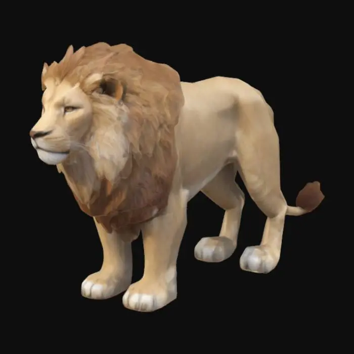 3D model for a lion in a standing pose, with a mane and a gentle expression. The model should be low-poly, suitable for a video game, with basic textures for fur, eyes, and a simple color palette.