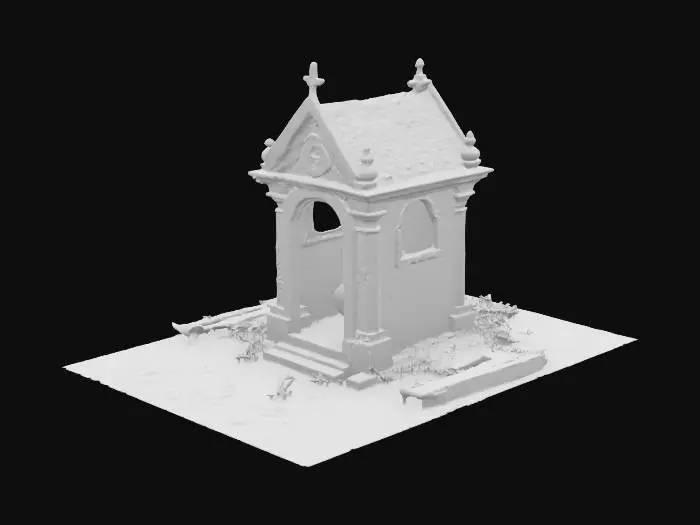 3D model for a small gothic mausoleum with a metal roof and wrought iron doors.  inside the mausoleum is a single stone coffin that is shaped like a woman sleeping.  the roof has metal rivets and appears aged.  surrounding the mausoleum are old stone gravestones that are in varying stages of disrepair