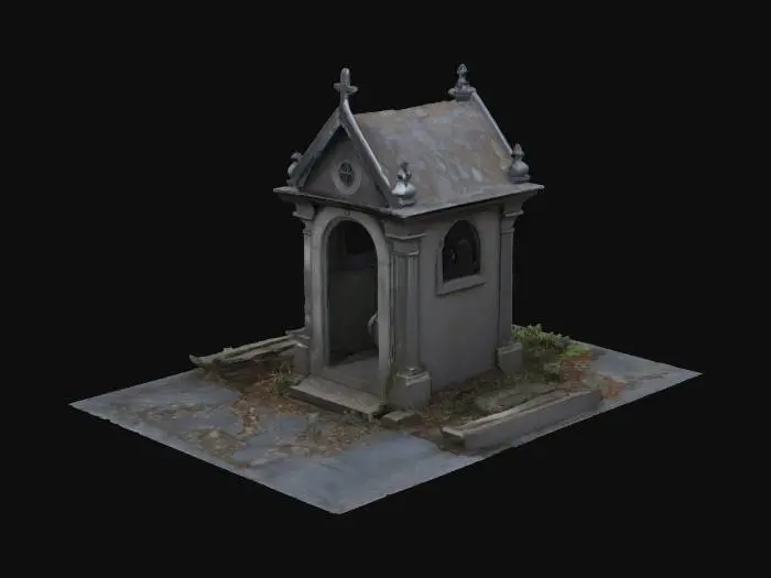 3D model for a small gothic mausoleum with a metal roof and wrought iron doors.  inside the mausoleum is a single stone coffin that is shaped like a woman sleeping.  the roof has metal rivets and appears aged.  surrounding the mausoleum are old stone gravestones that are in varying stages of disrepair