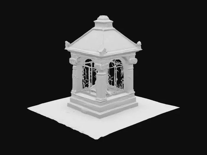 3D model for a small gothic mausoleum with a metal roof and wrought iron doors.  inside the mausoleum is a single stone coffin that is shaped like a woman sleeping.  the roof has metal rivets and appears aged.  surrounding the mausoleum are old stone gravestones that are in varying stages of disrepair
