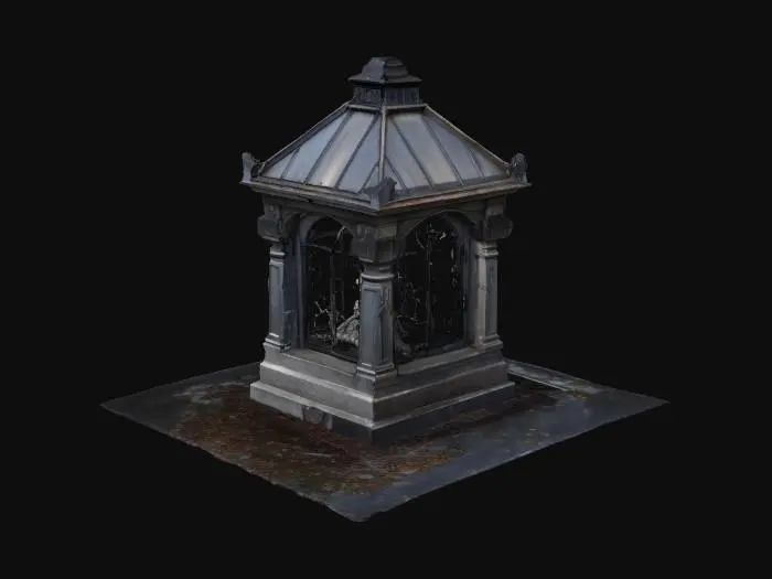 3D model for a small gothic mausoleum with a metal roof and wrought iron doors.  inside the mausoleum is a single stone coffin that is shaped like a woman sleeping.  the roof has metal rivets and appears aged.  surrounding the mausoleum are old stone gravestones that are in varying stages of disrepair