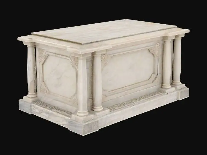 3D model for a sharply detailed complete rectangular columbarium with crisply detailed niches.  it is old and stone with weathering involving scratches and chips to the individually hand carved marble columns at each corner was well as the high quality highly detailed marble that the rest of the columbarium is made of