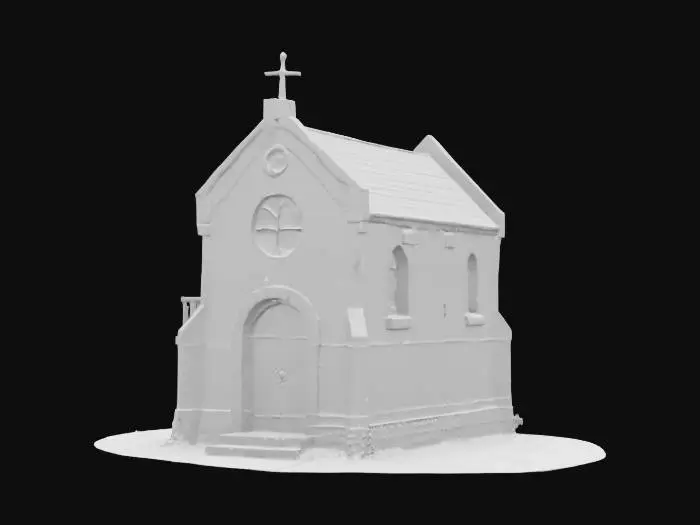3D model for a medieval chapel that has an attached living space with two floors.  there is a bell tower. a large church door to enter the chapel and a wooden door to enter the living space. an attic that goes over both spaces has a wooden staircase to get up to it on the second floor of the living space