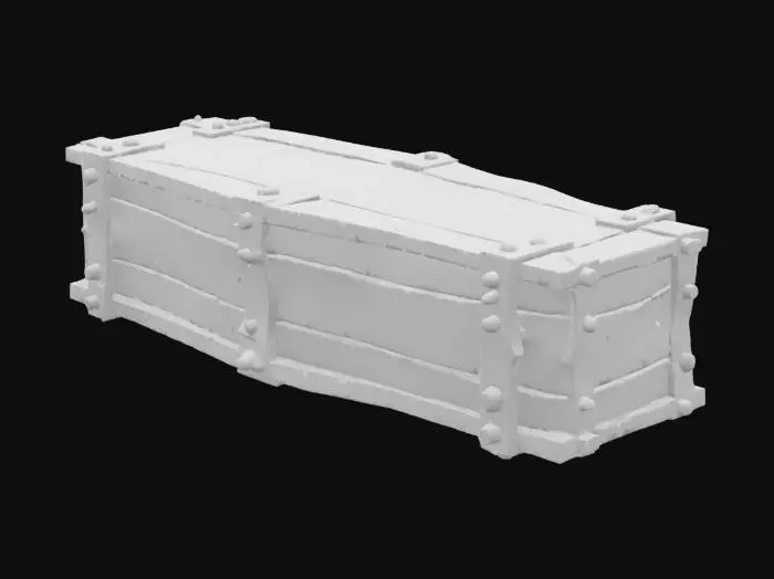 3D model for An old, worn, six-sided coffin constructed from distinct individual wooden boards. Small, irregular gaps are visible between each board, which are firmly fastened together by heavy, dark iron nails protruding slightly from the weathered, rough-textured wood. The wood itself, likely a desaturated grey-brown, shows deep grain and marks of age, feeling uneven and splintered to the touch. The solid iron nails add a cool, hard element to the coffin's overall robust yet decaying structure.