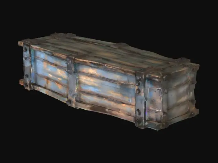 3D model for An old, worn, six-sided coffin constructed from distinct individual wooden boards. Small, irregular gaps are visible between each board, which are firmly fastened together by heavy, dark iron nails protruding slightly from the weathered, rough-textured wood. The wood itself, likely a desaturated grey-brown, shows deep grain and marks of age, feeling uneven and splintered to the touch. The solid iron nails add a cool, hard element to the coffin's overall robust yet decaying structure.
