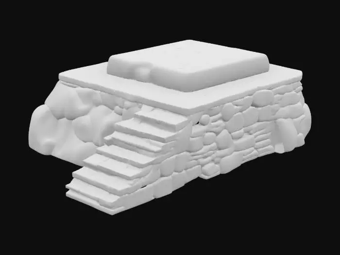 3D model for A piece of land is sharply separated by a robust stone retaining wall, meticulously constructed from rough, grey-brown stones. The ground behind this cool, solid wall rises noticeably higher, forming an elevated plateau, while the land on the other side remains at a lower level. Adjacent to the retaining wall, a simple flagstone staircase descends, each flat, irregular stone step providing a firm, cool surface underfoot, offering a direct path between the two distinct elevations.