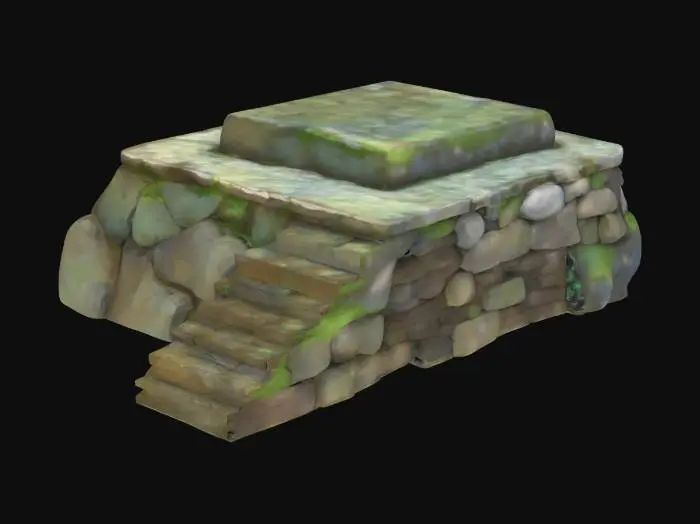 3D model for A piece of land is sharply separated by a robust stone retaining wall, meticulously constructed from rough, grey-brown stones. The ground behind this cool, solid wall rises noticeably higher, forming an elevated plateau, while the land on the other side remains at a lower level. Adjacent to the retaining wall, a simple flagstone staircase descends, each flat, irregular stone step providing a firm, cool surface underfoot, offering a direct path between the two distinct elevations.