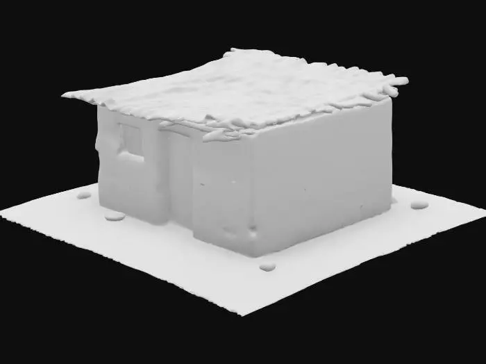 3D model for A small, ramshackle hut is constructed from rough, sun-baked clay, giving it a dry, uneven texture and a muted earthy brown color. Its walls appear slightly uneven, contributing to its dilapidated charm. A single square window is set into one wall, its opening simple and unglazed. A rectangular door, likely wooden and crudely fashioned, provides access. The hut is topped with a flat roof, also appearing rustic and perhaps made of packed earth or simple planks, completing its humble form.