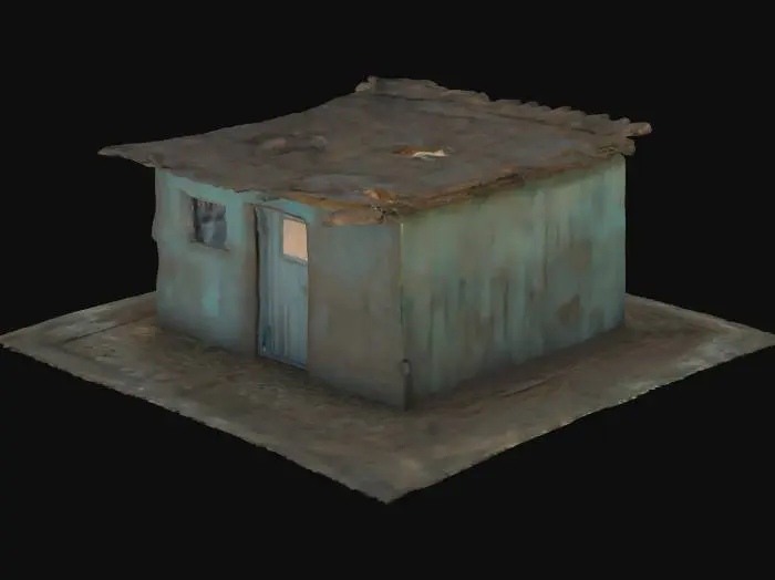 3D model for A small, ramshackle hut is constructed from rough, sun-baked clay, giving it a dry, uneven texture and a muted earthy brown color. Its walls appear slightly uneven, contributing to its dilapidated charm. A single square window is set into one wall, its opening simple and unglazed. A rectangular door, likely wooden and crudely fashioned, provides access. The hut is topped with a flat roof, also appearing rustic and perhaps made of packed earth or simple planks, completing its humble form.