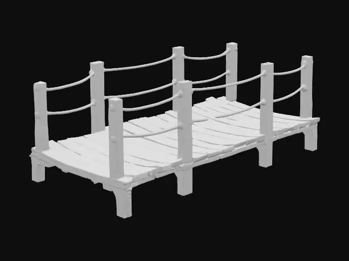 3D model for An ultra-realistic, ultra-detailed wooden plank bridge, designed for temporary use, showcases individual, rough-hewn planks with visible grain and splintered textures, contributing to its authentic, weathered appearance. Its natural brown-grey hues enhance its aged look. The sturdy, flat structure is built to span gaps between raised areas, yet feels light enough to be manually lifted and repositioned at will. The planks are securely fastened, forming a firm yet portable pathway.