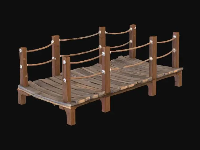 3D model for An ultra-realistic, ultra-detailed wooden plank bridge, designed for temporary use, showcases individual, rough-hewn planks with visible grain and splintered textures, contributing to its authentic, weathered appearance. Its natural brown-grey hues enhance its aged look. The sturdy, flat structure is built to span gaps between raised areas, yet feels light enough to be manually lifted and repositioned at will. The planks are securely fastened, forming a firm yet portable pathway.