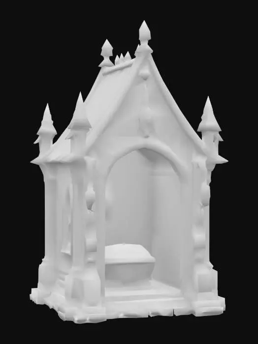 3D model for a small stone gothic mausoleum with a metal roof with a single coffin on the inside.  the mausoleum is in the style of games workshop's corpsewrack mausoleum