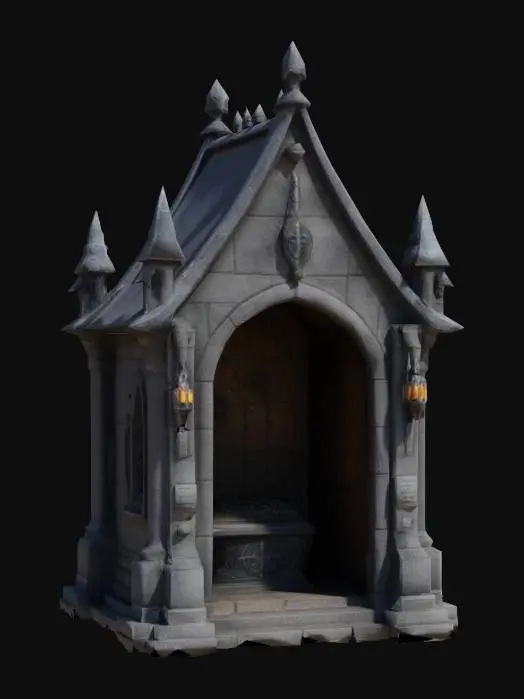 3D model for a small stone gothic mausoleum with a metal roof with a single coffin on the inside.  the mausoleum is in the style of games workshop's corpsewrack mausoleum