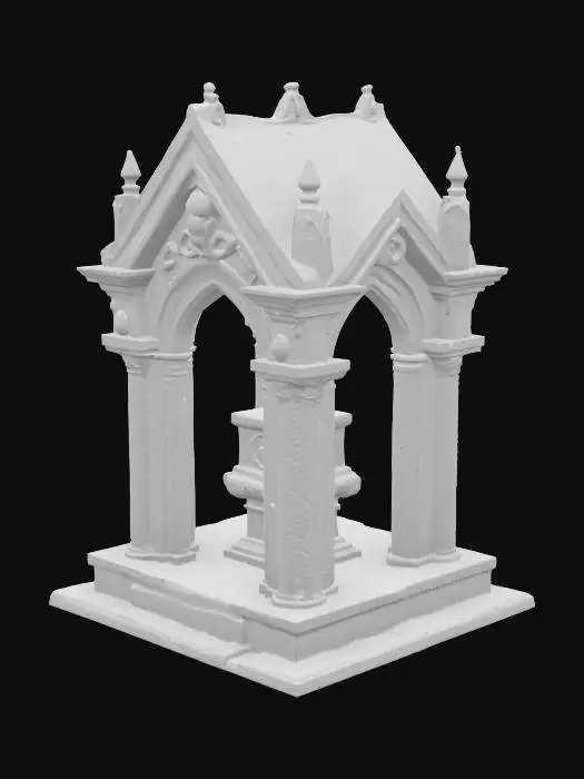 3D model for a small stone gothic mausoleum with a metal roof with a single coffin on the inside.  the mausoleum is in the style of games workshop's corpsewrack mausoleum