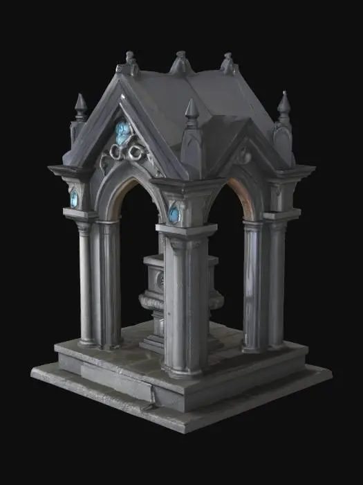 3D model for a small stone gothic mausoleum with a metal roof with a single coffin on the inside.  the mausoleum is in the style of games workshop's corpsewrack mausoleum