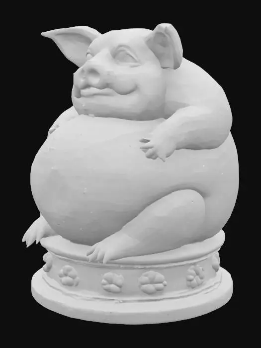 3D model for A highly detailed statue depicts a morbidly obese pig, so massive it rests prone, unable to support itself on its stubby legs. Carved from a single piece of well-defined grey stone, its surface is remarkably smooth and complete, with every fold of fat rendered with precision. It sits atop an equally detailed pedestal, featuring sharply defined circular decorations carved into its sides. The pedestal's crisp, clean edges provide a strong contrast to the pig's rounded form.