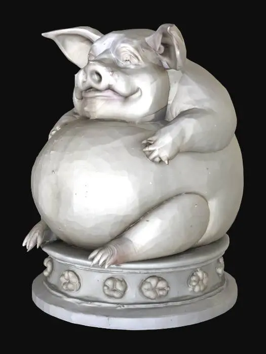 3D model for A highly detailed statue depicts a morbidly obese pig, so massive it rests prone, unable to support itself on its stubby legs. Carved from a single piece of well-defined grey stone, its surface is remarkably smooth and complete, with every fold of fat rendered with precision. It sits atop an equally detailed pedestal, featuring sharply defined circular decorations carved into its sides. The pedestal's crisp, clean edges provide a strong contrast to the pig's rounded form.