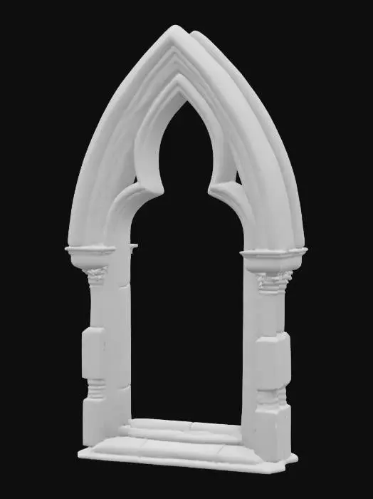 3D model for A highly detailed gothic arched window frame, meticulously crafted from cool, solid stone. Each individual stone block comprising the frame is sharply distinct and richly detailed, contributing to its intricate structure. The area where the window pane would typically be is entirely empty, leaving a bare opening. Ornate gothic architectural details, such as delicate tracery and pointed elements, are carved into the stone with exceptional precision, giving the entire frame a rough yet refined texture.