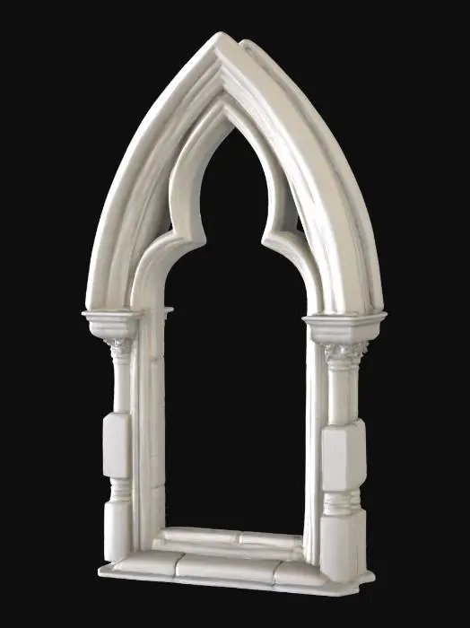 3D model for A highly detailed gothic arched window frame, meticulously crafted from cool, solid stone. Each individual stone block comprising the frame is sharply distinct and richly detailed, contributing to its intricate structure. The area where the window pane would typically be is entirely empty, leaving a bare opening. Ornate gothic architectural details, such as delicate tracery and pointed elements, are carved into the stone with exceptional precision, giving the entire frame a rough yet refined texture.