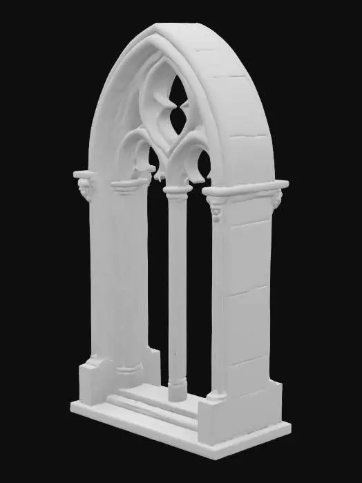 3D model for A highly detailed gothic arched window frame, meticulously crafted from cool, solid stone. Each individual stone block is sharply distinct and richly detailed, contributing to its intricate structure. The central window area is entirely filled by a decorative relief of a highly detailed human skull, carved with morbid precision. Ornate gothic architectural details, such as delicate tracery and pointed elements, are carved into the stone with exceptional precision, giving the entire frame a rough yet refined texture and a dark, weathered grey hue.