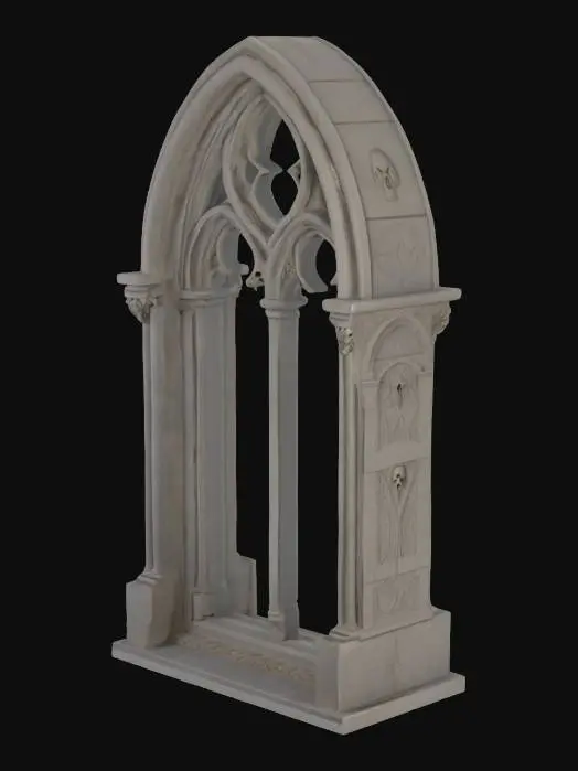 3D model for A highly detailed gothic arched window frame, meticulously crafted from cool, solid stone. Each individual stone block is sharply distinct and richly detailed, contributing to its intricate structure. The central window area is entirely filled by a decorative relief of a highly detailed human skull, carved with morbid precision. Ornate gothic architectural details, such as delicate tracery and pointed elements, are carved into the stone with exceptional precision, giving the entire frame a rough yet refined texture and a dark, weathered grey hue.