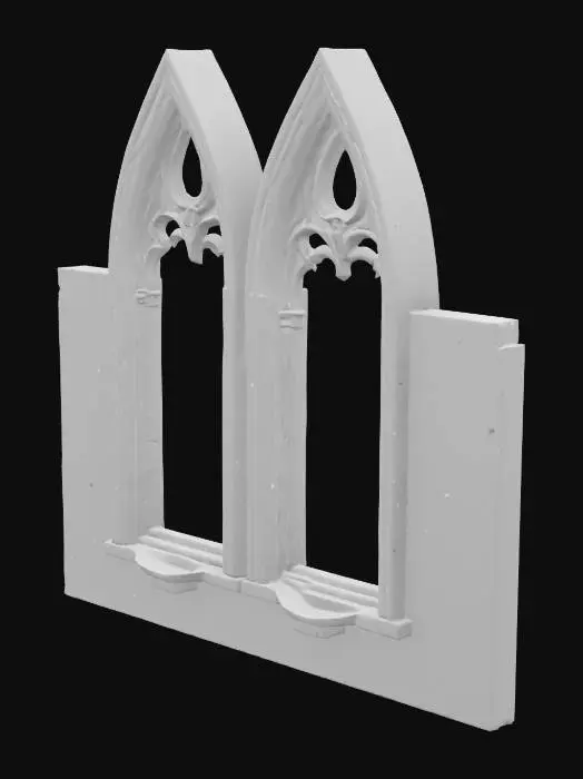 3D model for Three large, elongated gothic arched window frames stand arranged side-by-side, meticulously crafted from cool, rough stone. The intricate gothic tracery and pointed arches are highly detailed, yet the areas where glass would normally be are now solidly bricked up. The infill consists of distinct, rough-textured bricks, predominantly in earthy red and brown tones, creating solid, unyielding walls. The dark stone frame contrasts with the rough brickwork, emphasizing their new function as a formidable barrier.