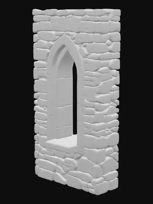 3D model for Ancient straight stone wall, meticulously constructed with rough, grey-brown stones precisely placed in a medieval fashion. The wall remains remarkably sturdy. On its first story, the structure is solid and unyielding, presenting a continuous expanse of cool, weathered stone. The second story features a distinct, empty arched window that is open through the entire width of the wall, its gothic lines sharply defined within the durable masonry. The entire edifice, despite its age, exudes a formidable presence with a coarse, tactile texture.