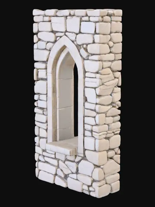 3D model for Ancient straight stone wall, meticulously constructed with rough, grey-brown stones precisely placed in a medieval fashion. The wall remains remarkably sturdy. On its first story, the structure is solid and unyielding, presenting a continuous expanse of cool, weathered stone. The second story features a distinct, empty arched window that is open through the entire width of the wall, its gothic lines sharply defined within the durable masonry. The entire edifice, despite its age, exudes a formidable presence with a coarse, tactile texture.