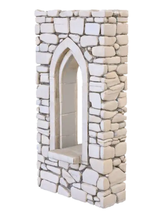 Ancient straight stone wall, meticulously constructed with rough, grey-brown stones… - Window 3D model, vytvořený pomocí AI