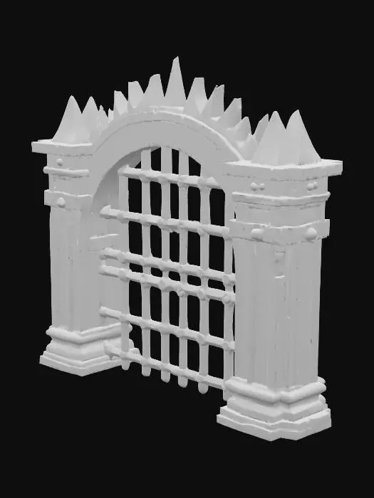 3D model for A formidable portcullis gate, crafted entirely from heavy, dark iron, forms a dense grid of intersecting vertical and horizontal bars. Its surface is rough and cool to the touch, possibly with a dull, aged metallic sheen or hints of rust. The bottom edge of each vertical bar terminates in a sharply pointed, unyielding tip, designed for defensive impact. The entire structure feels immensely solid and unyielding, indicative of its substantial weight and protective purpose.